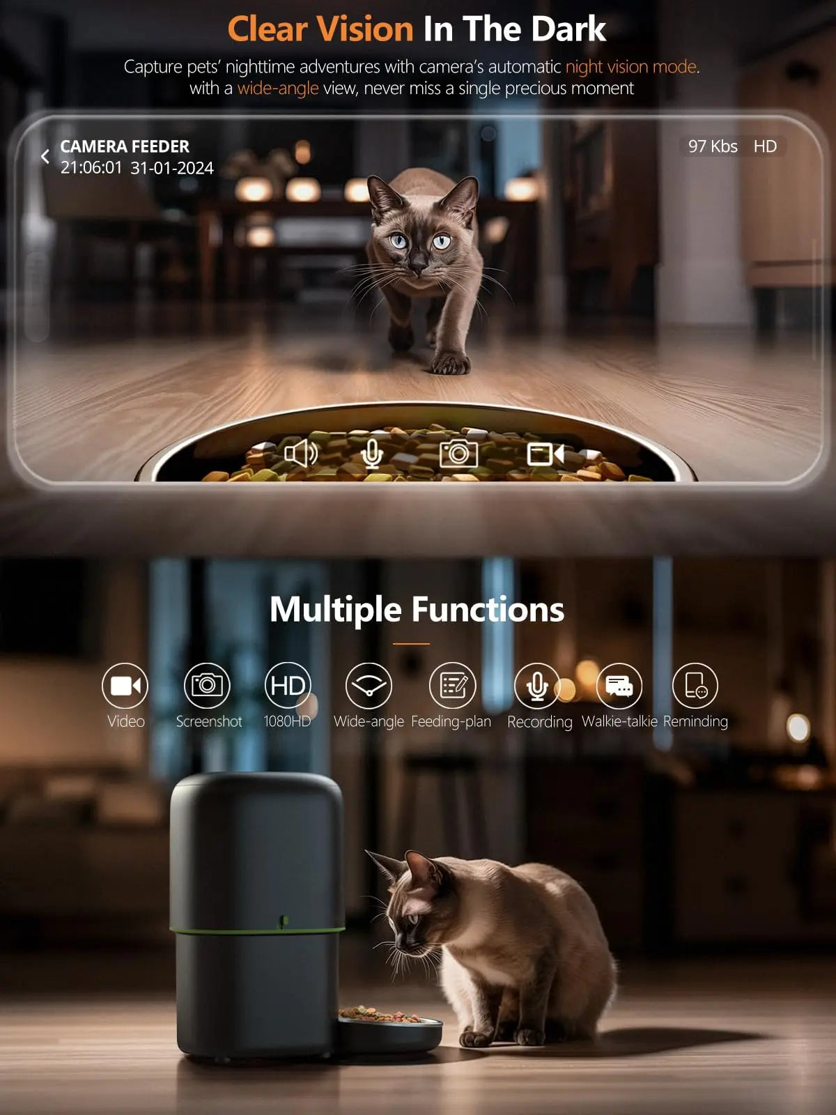 Mangeoire automatique avec caméra intelligente pour animaux de compagnie, distributeur de nourriture et de croquettes, télécommande, bouton WiFi, accessoires pour chats et chiens